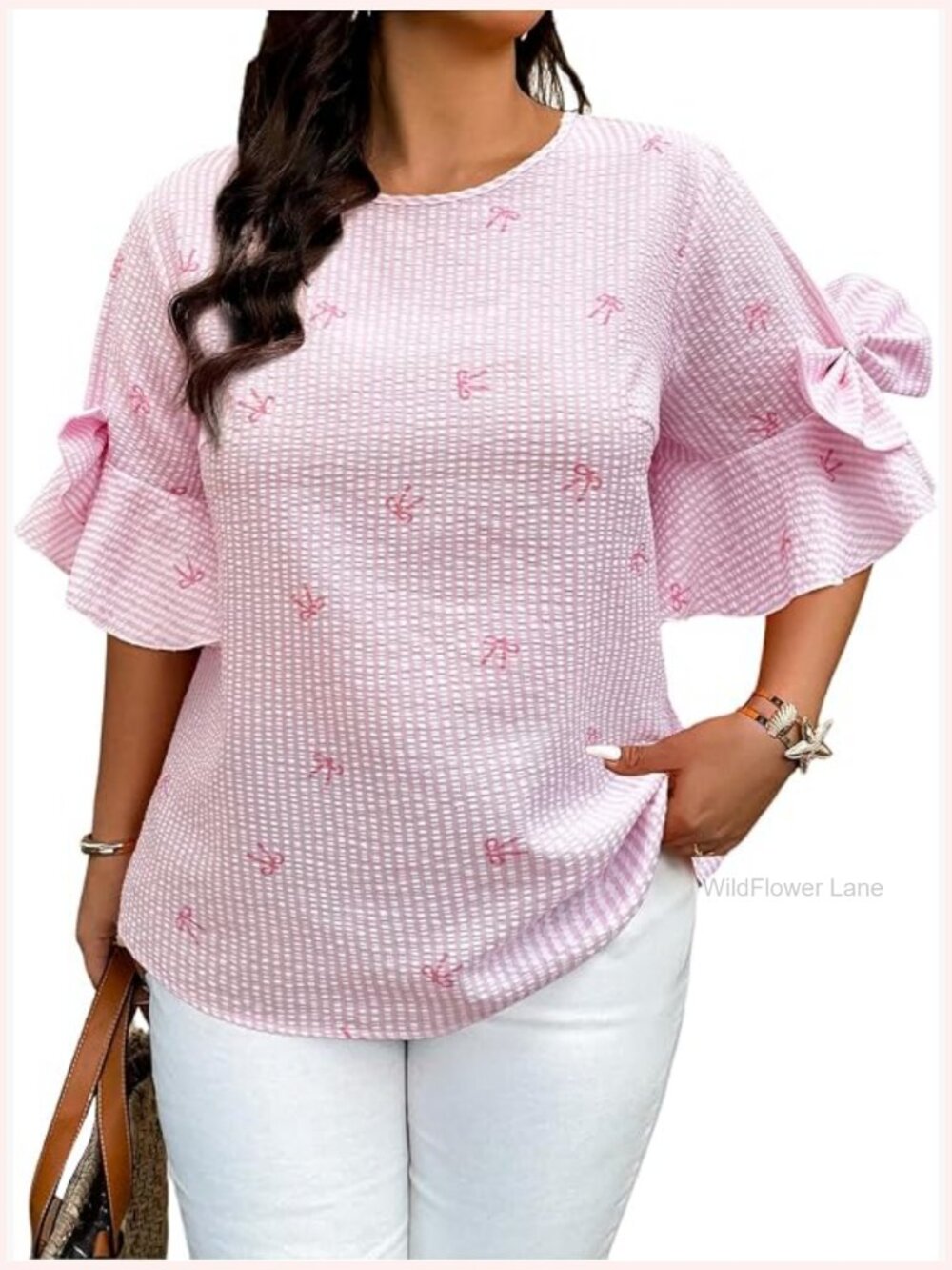 Plus Size Bow Ruffle Blouse Short Sleeve Crewneck Dressy Work Top